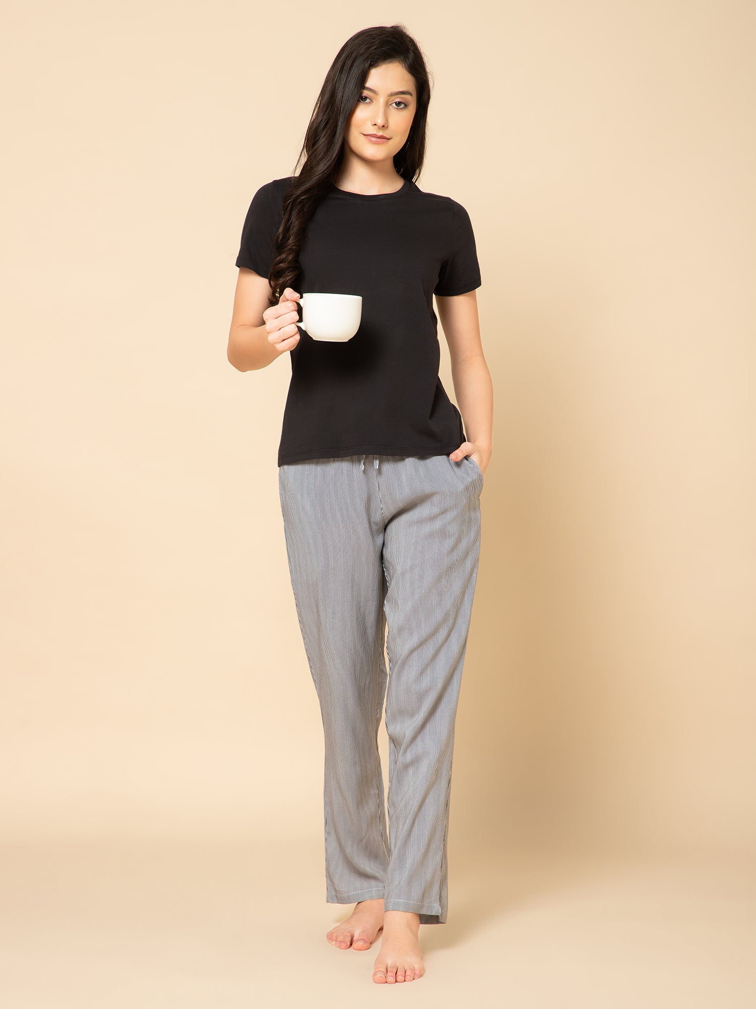 Women Black & White Stripe Printed  Pyjama Set