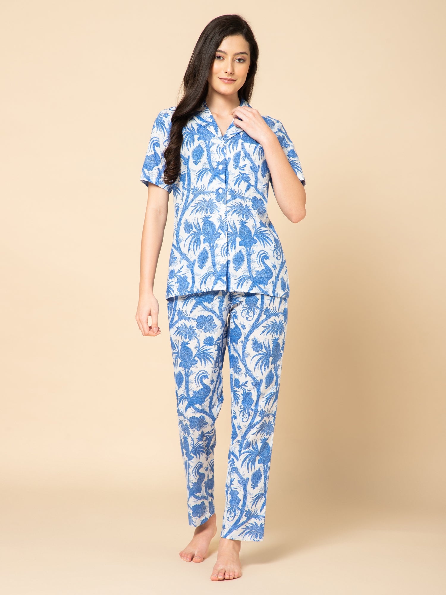 Women Blue Peacoak Printed Pyjamas Set