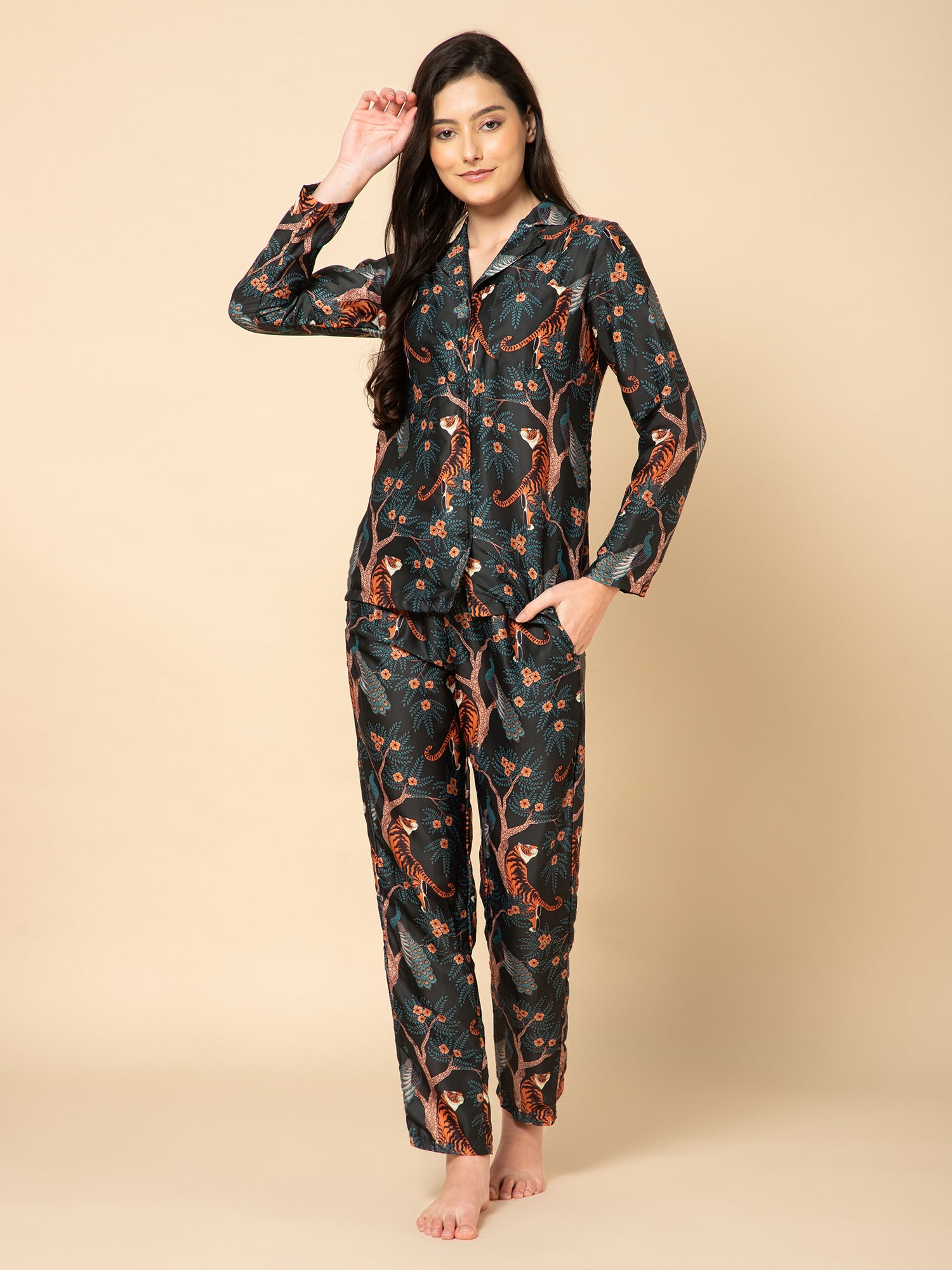 Women Black Satin leopard Printed Pyjamas Set