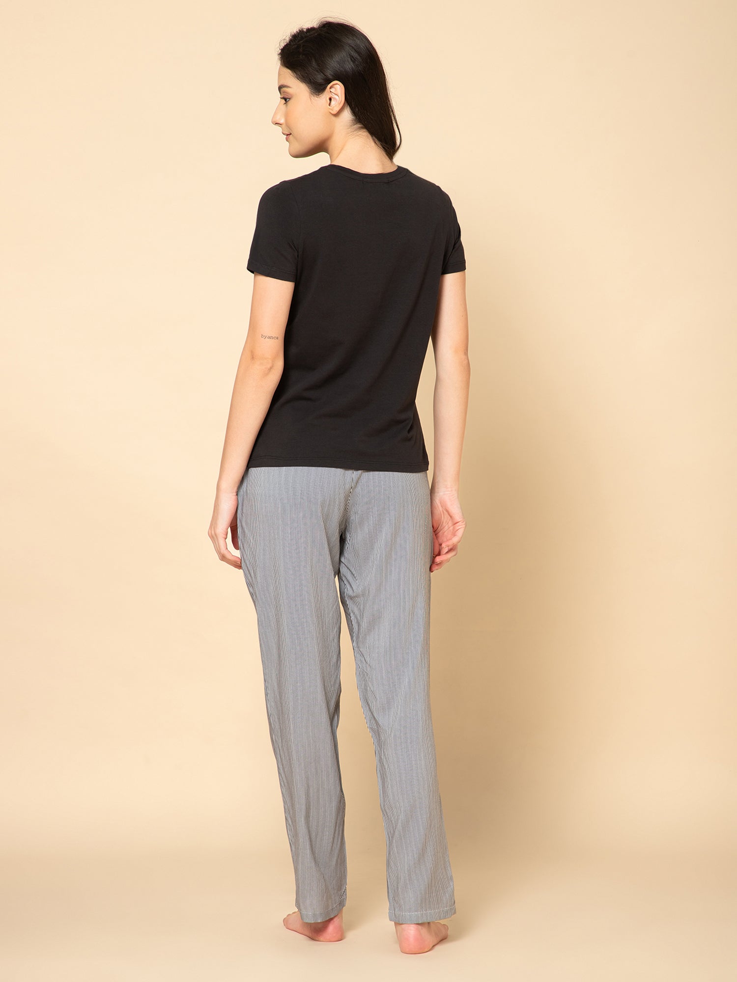 Women Black & White Stripe Printed  Pyjama Set