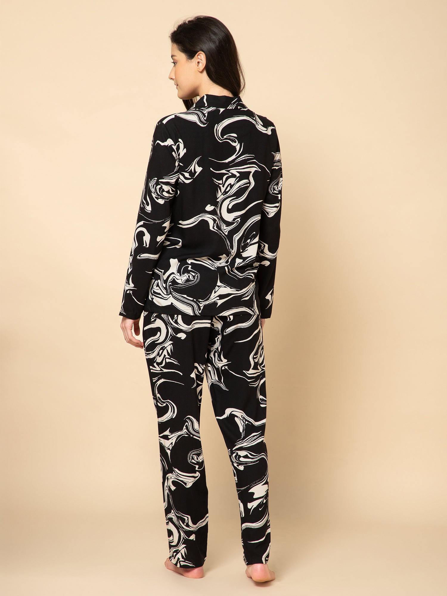 Women Black Abstract Printed Pyjamas Set