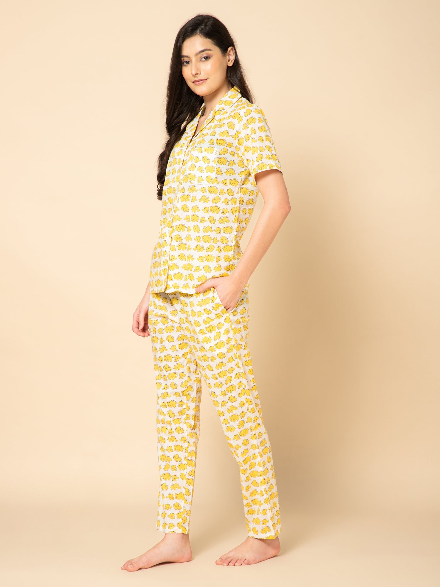 Women Yellow  Elephant Print Pyjamas Set