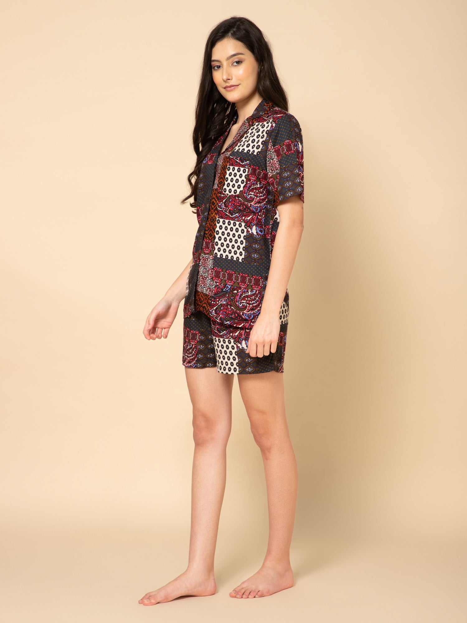 Women Multi Patch  Print Shorts Set