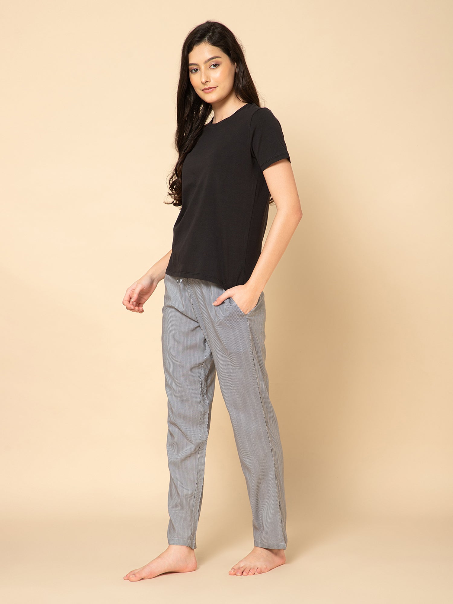 Women Black & White Stripe Printed  Pyjama Set