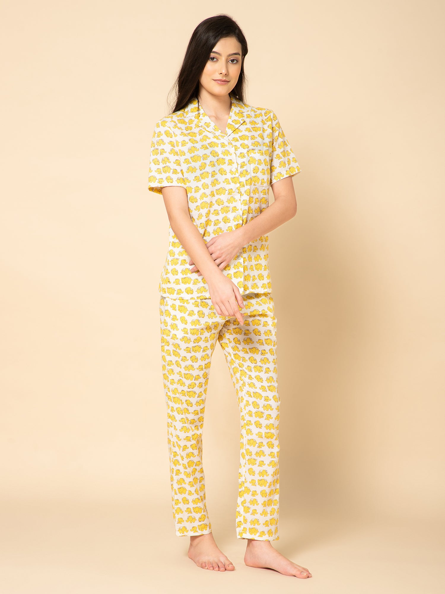Women Yellow  Elephant Print Pyjamas Set