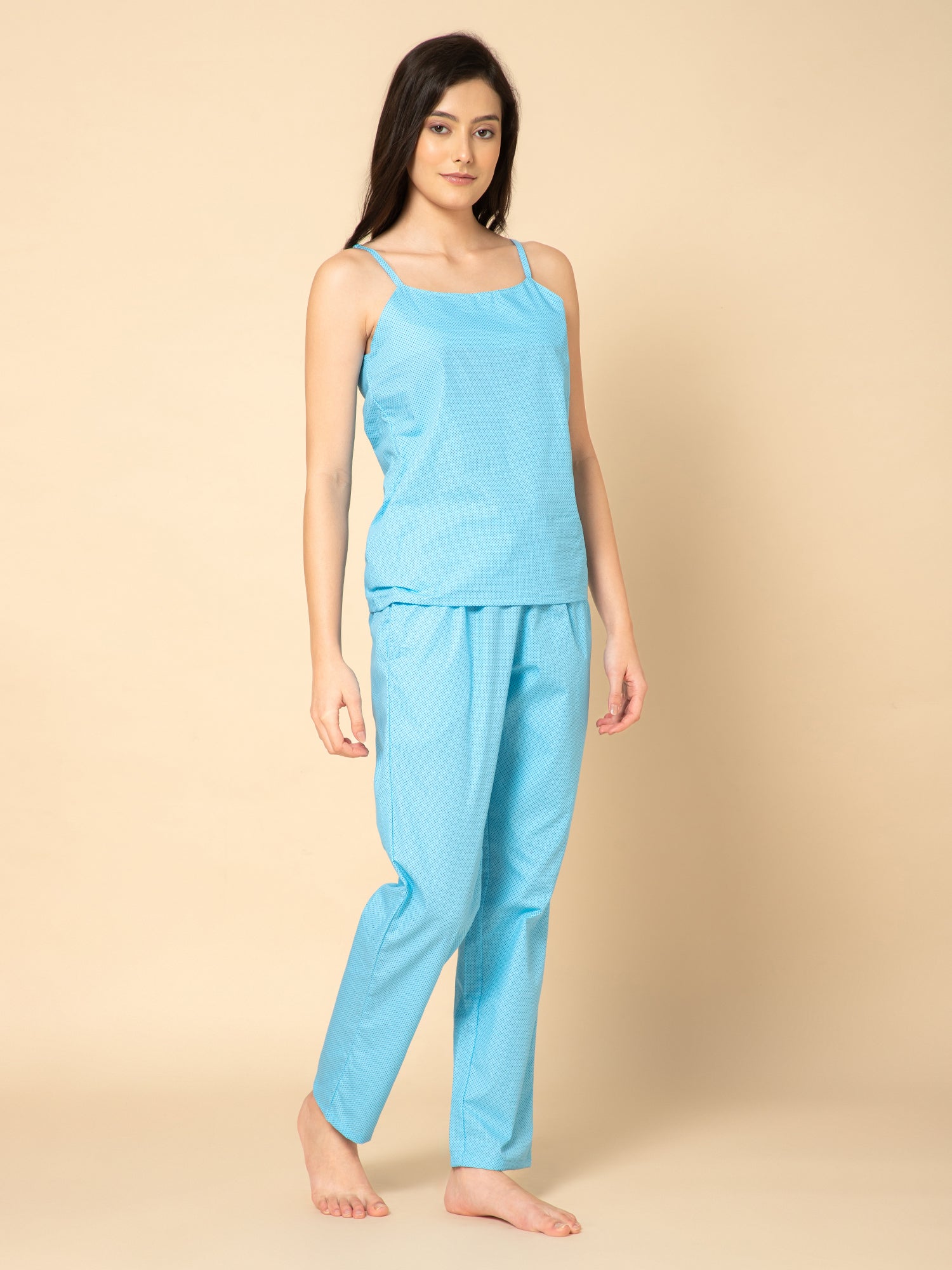 Women Blue Polka Dot  Printed  Pyjama Set