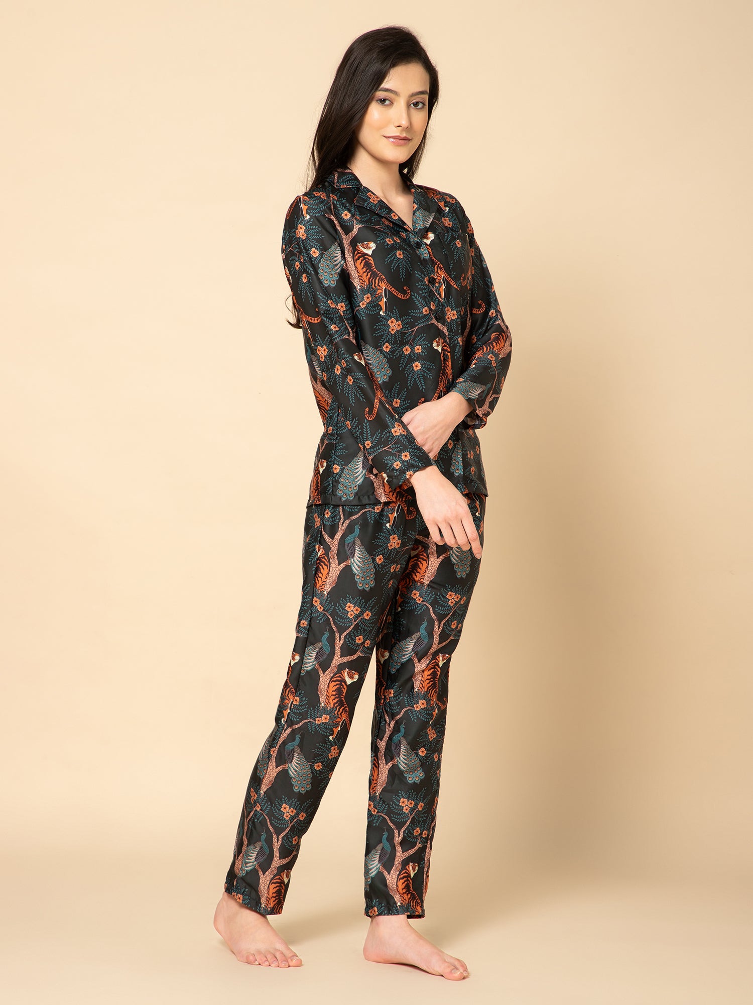 Women Black Satin leopard Printed Pyjamas Set