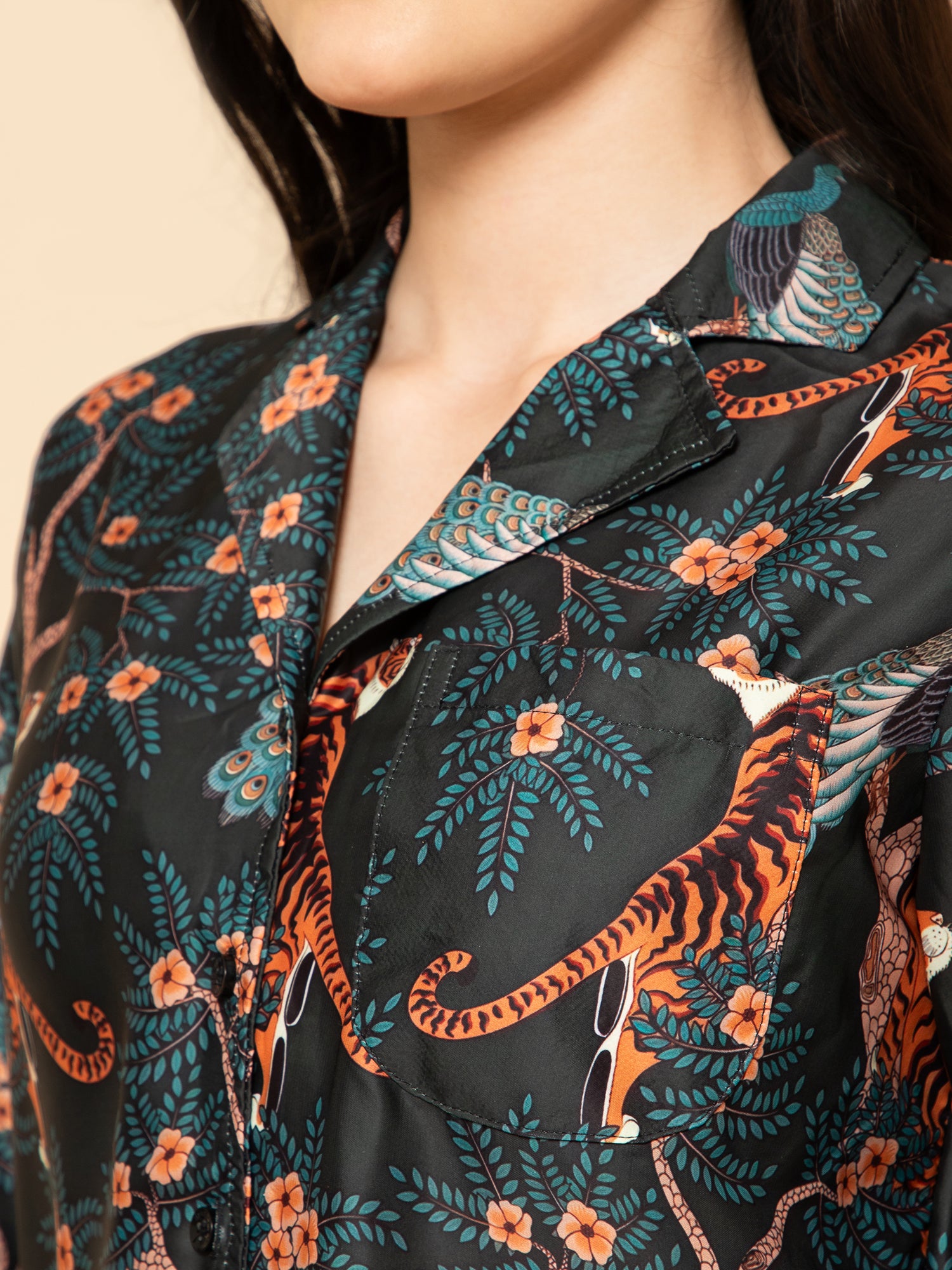 Women Black Satin leopard Printed Pyjamas Set