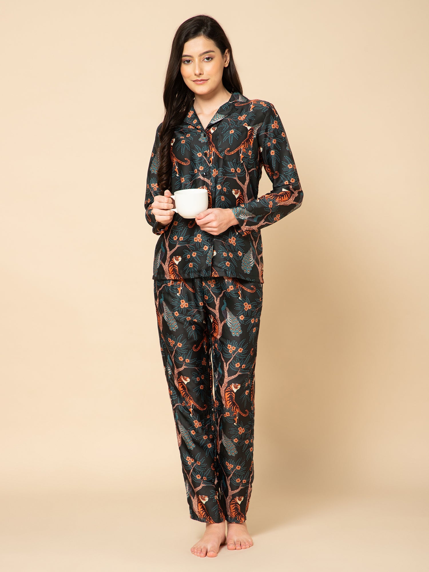 Women Black Satin leopard Printed Pyjamas Set