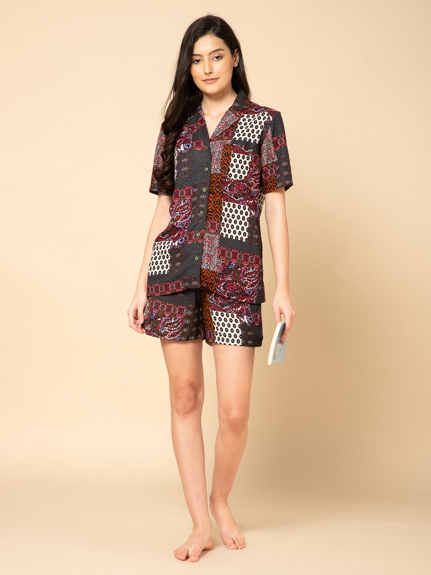 Women Multi Patch  Print Shorts Set