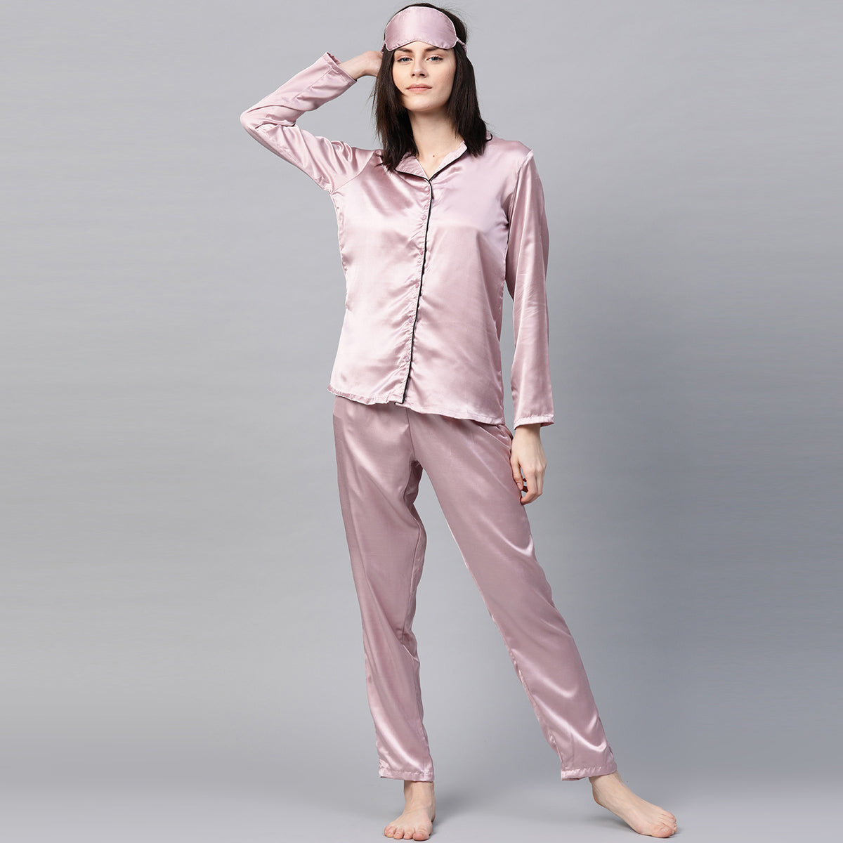 Women Purple Satin Solid Night Suit