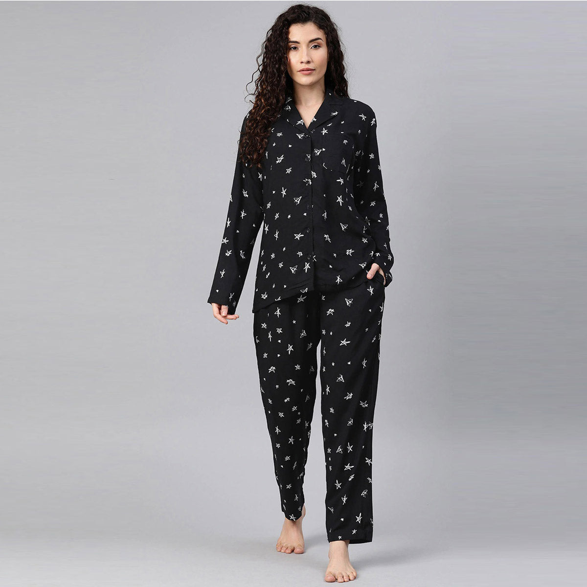 Women Black With Star Print Night Suit