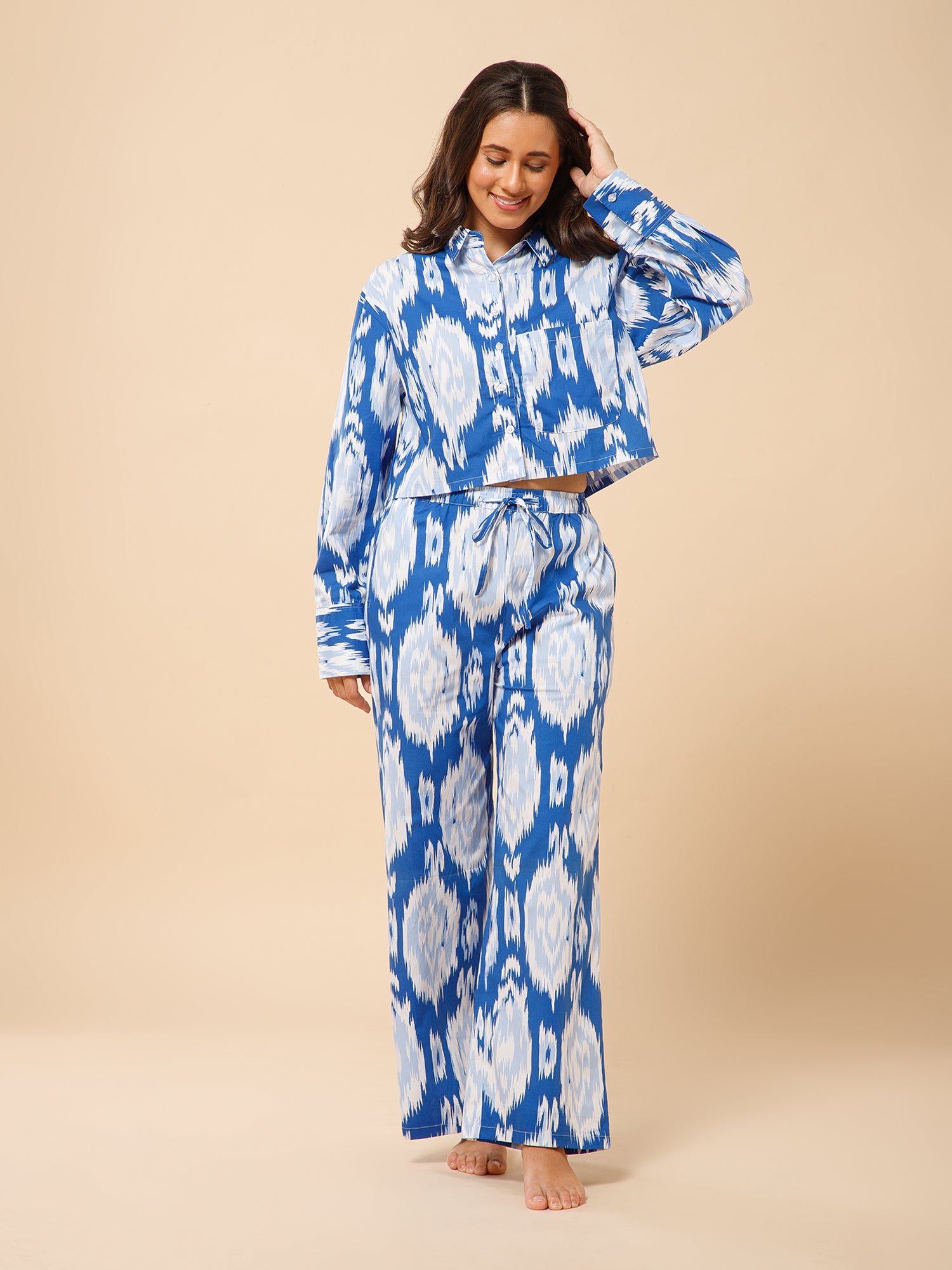 Drape in vogue Vibrant ikat Print Crop shirt and Pant Lounge set