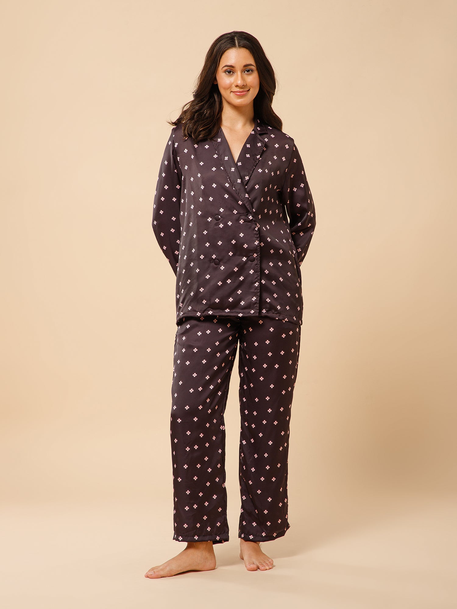 Drape in vogue Midnight Elegance Double Breasted Satin Lounge set