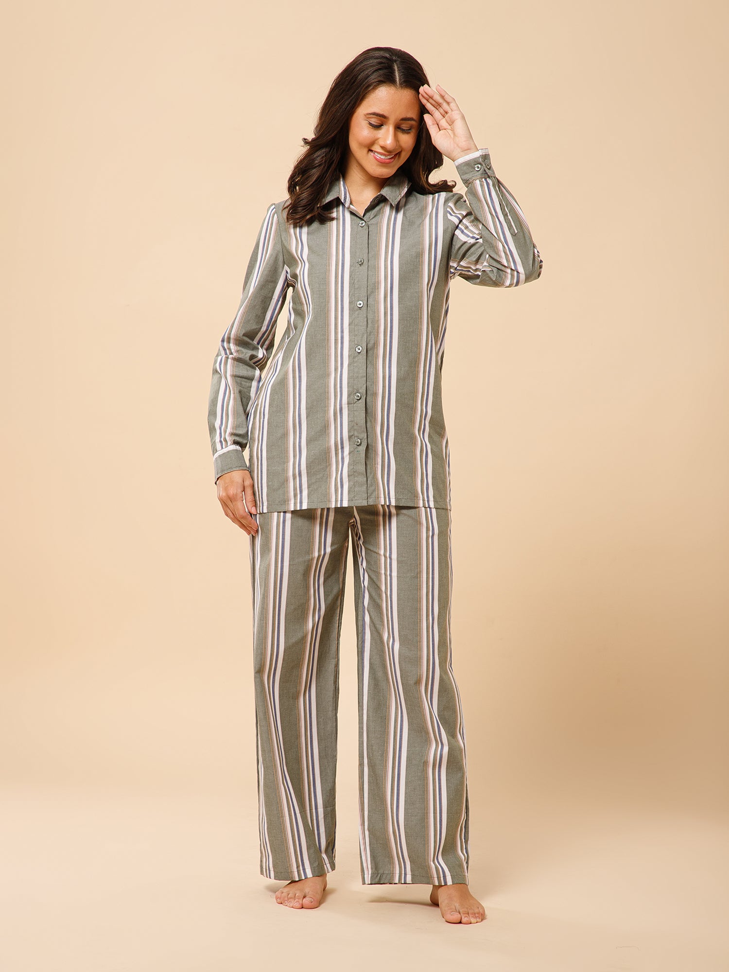 Drape in vogue Earthy Striped Shirt and Pants Lounge set