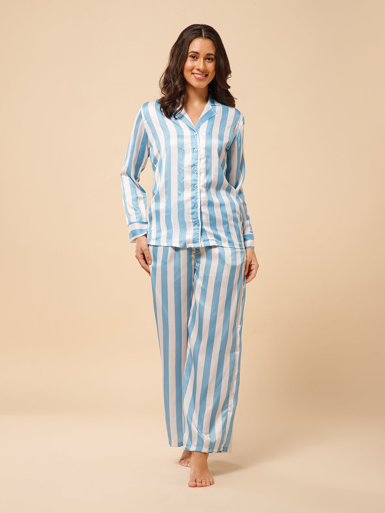 Drape in vogue Classic Striped Satin Night suit