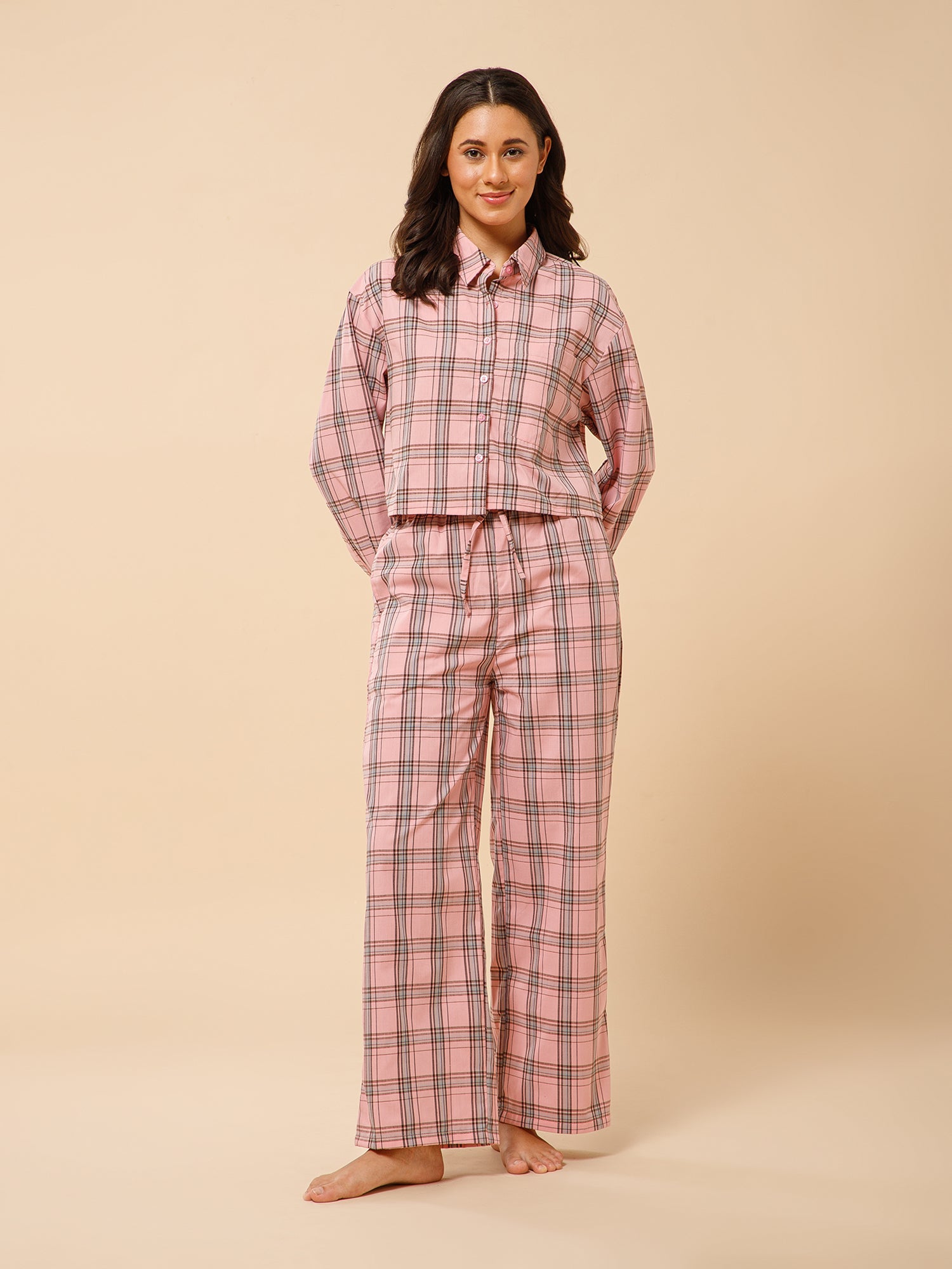 Drape in vogue Classic Checkered Crop Shirt Lounge set