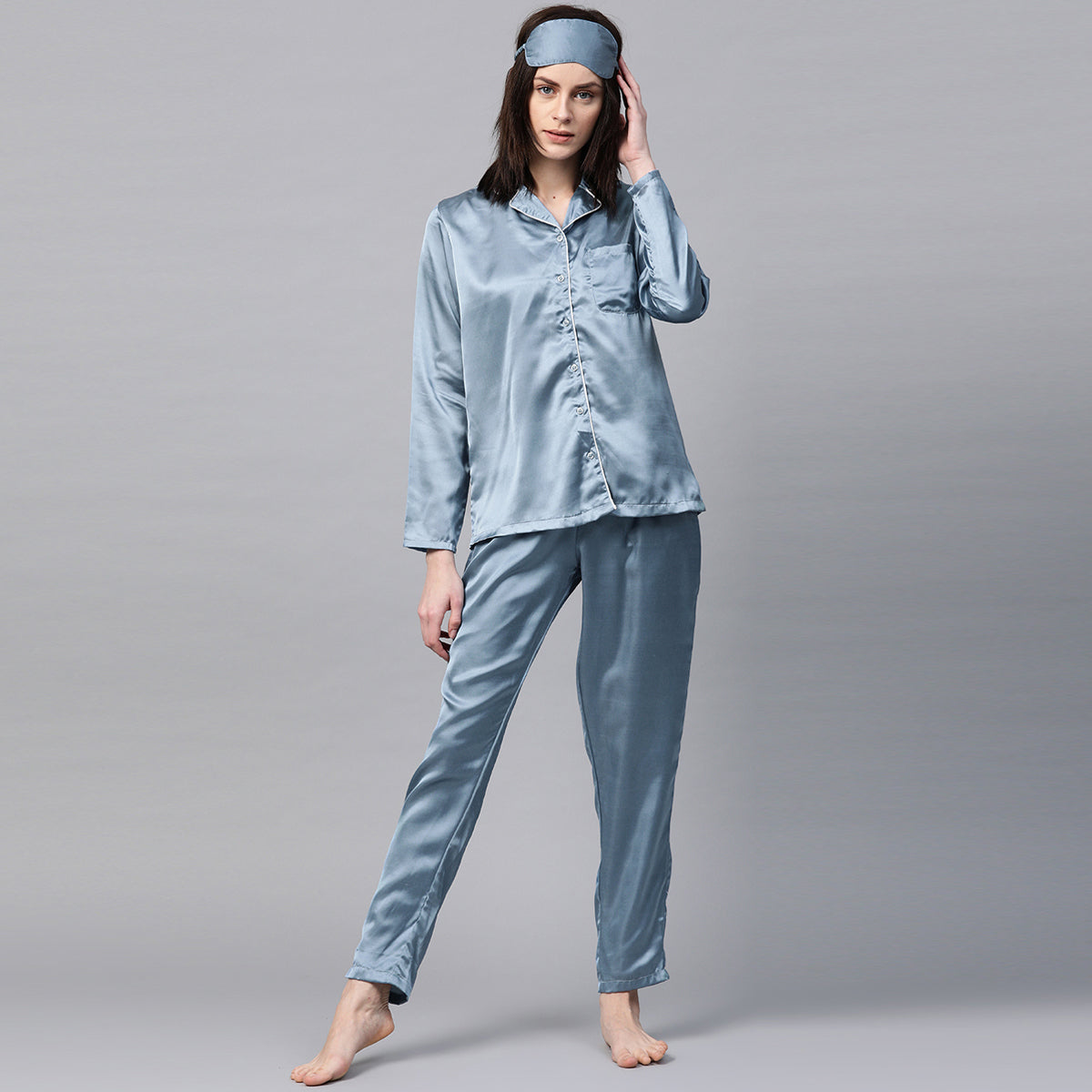 Women Blue Satin Solid Night Suit