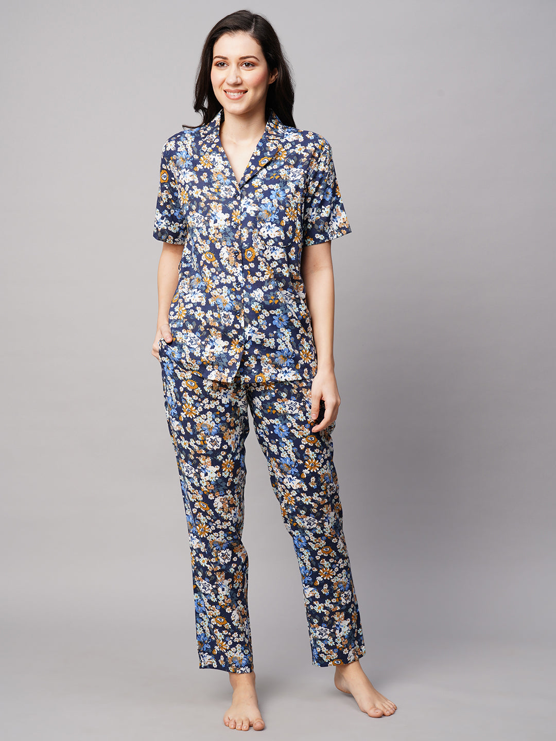 Drape In Vogue Womens Navy Blue With Mustard Flower Print Night Suit