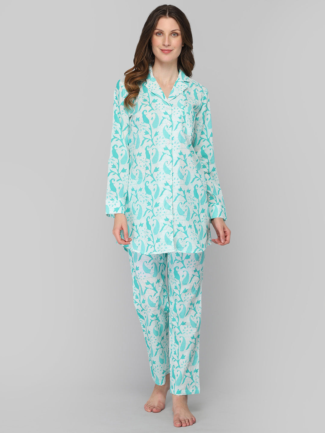 Women's Green White Floral Print Night Suit