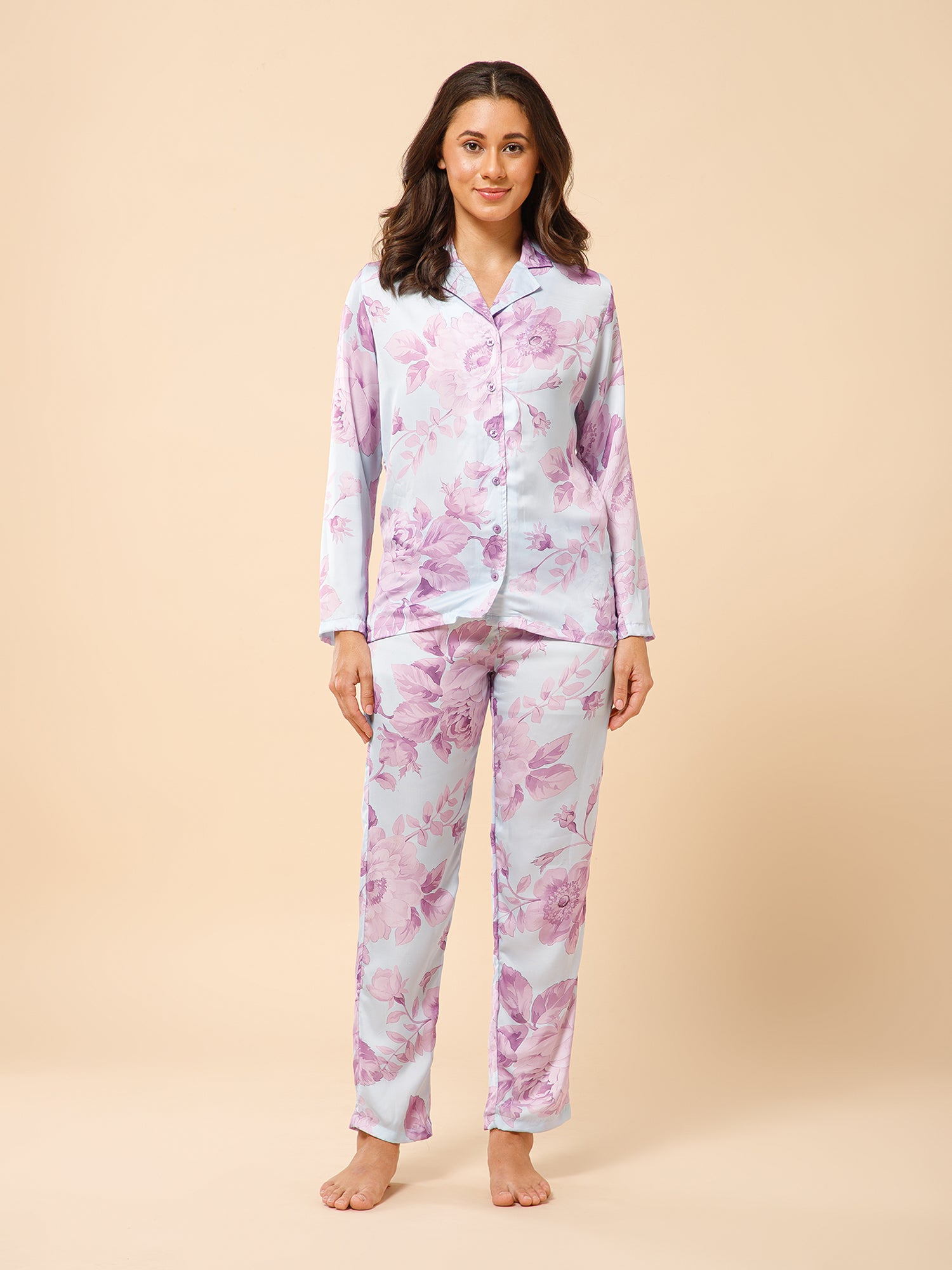 Drape in vogue Pastel Florals Satin Night suit