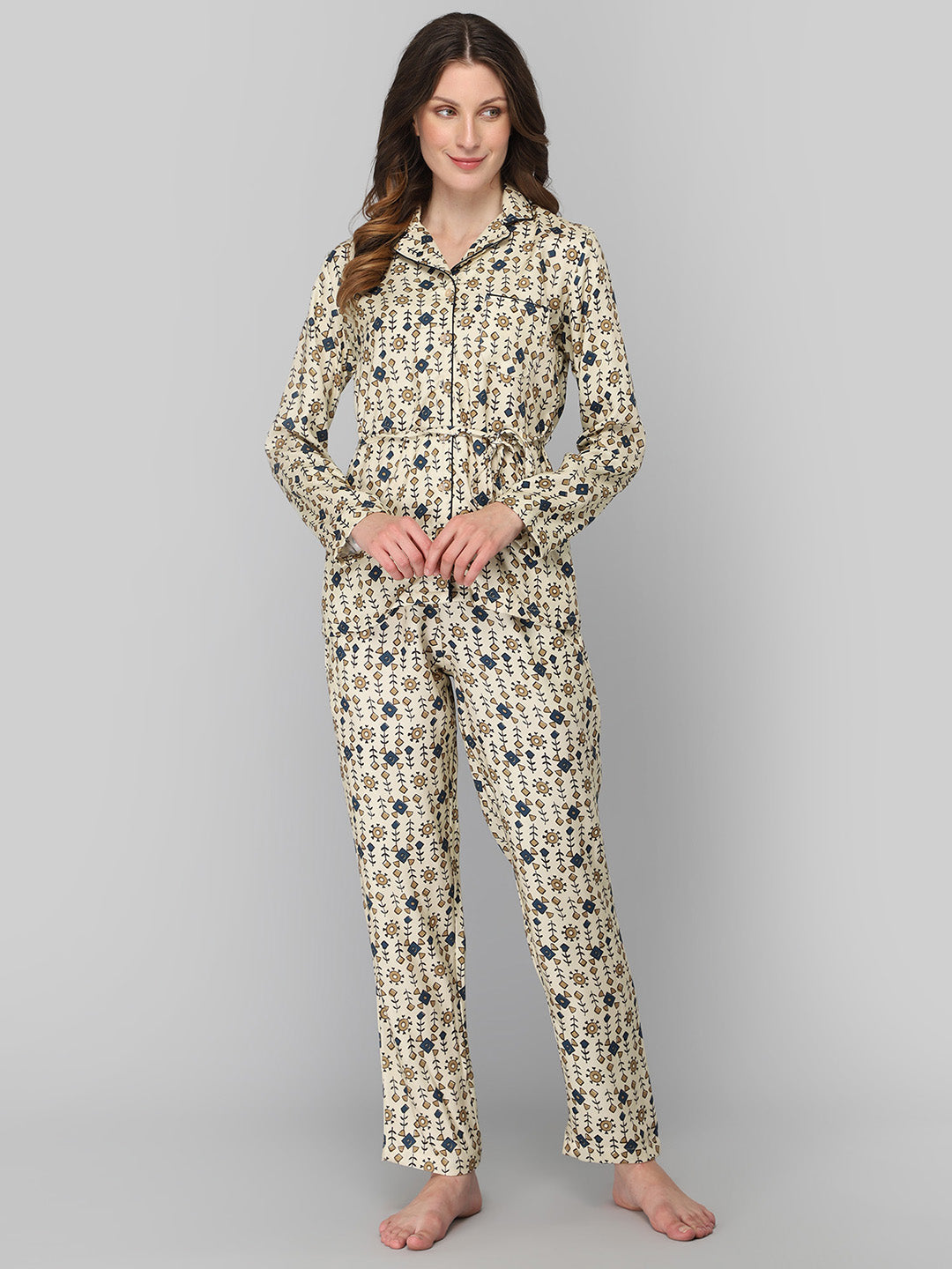 Women's Cream Floral Print Night Suit