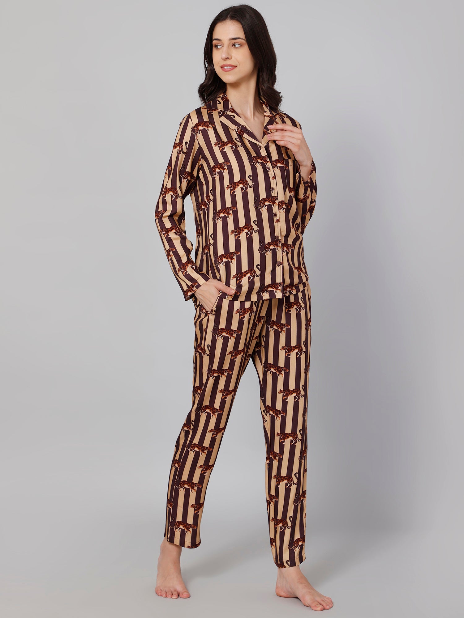 Drape In Vogue Women'S Brown Tiger Print Night Suit