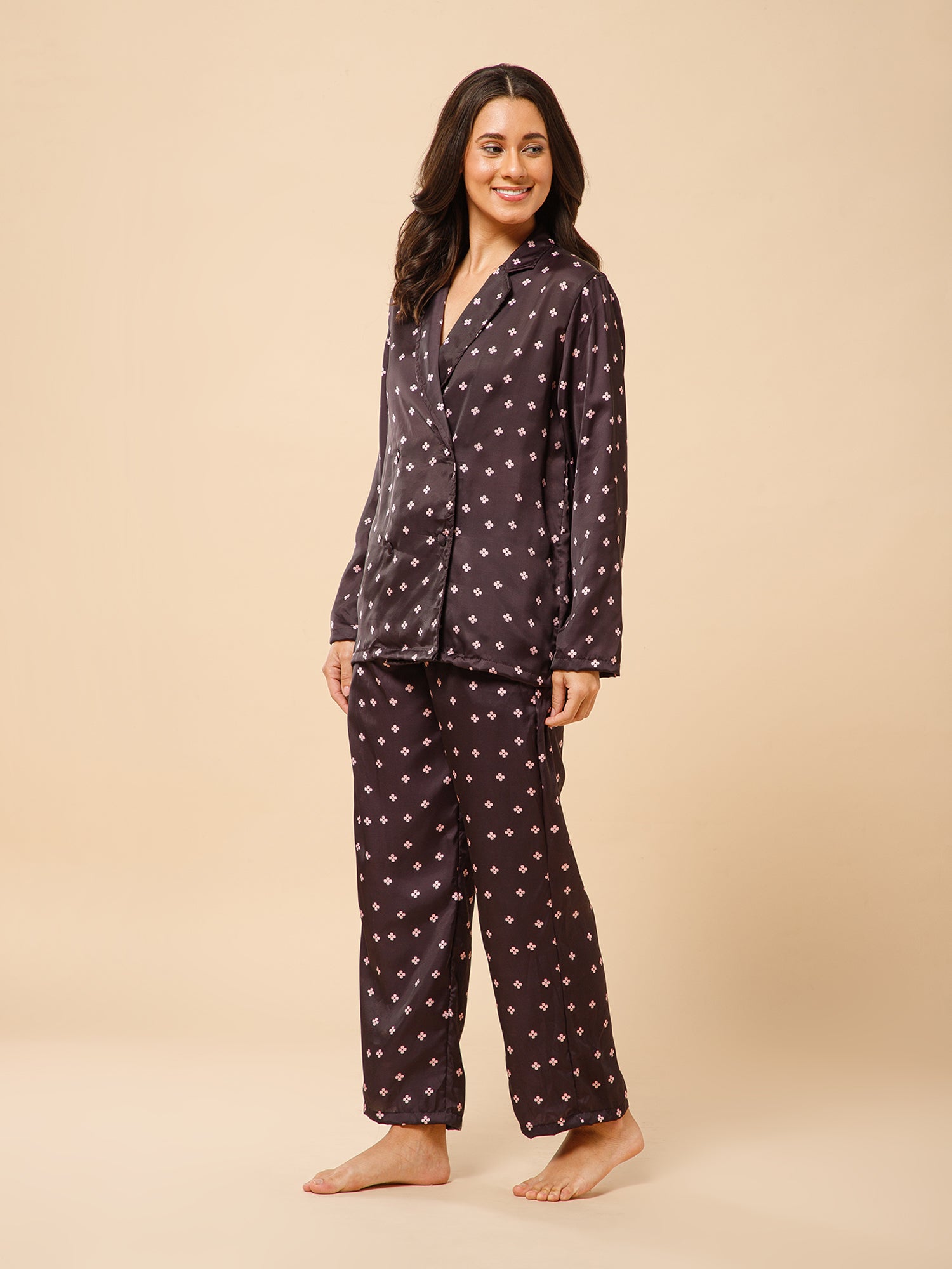 Drape in vogue Midnight Elegance Double Breasted Satin Lounge set