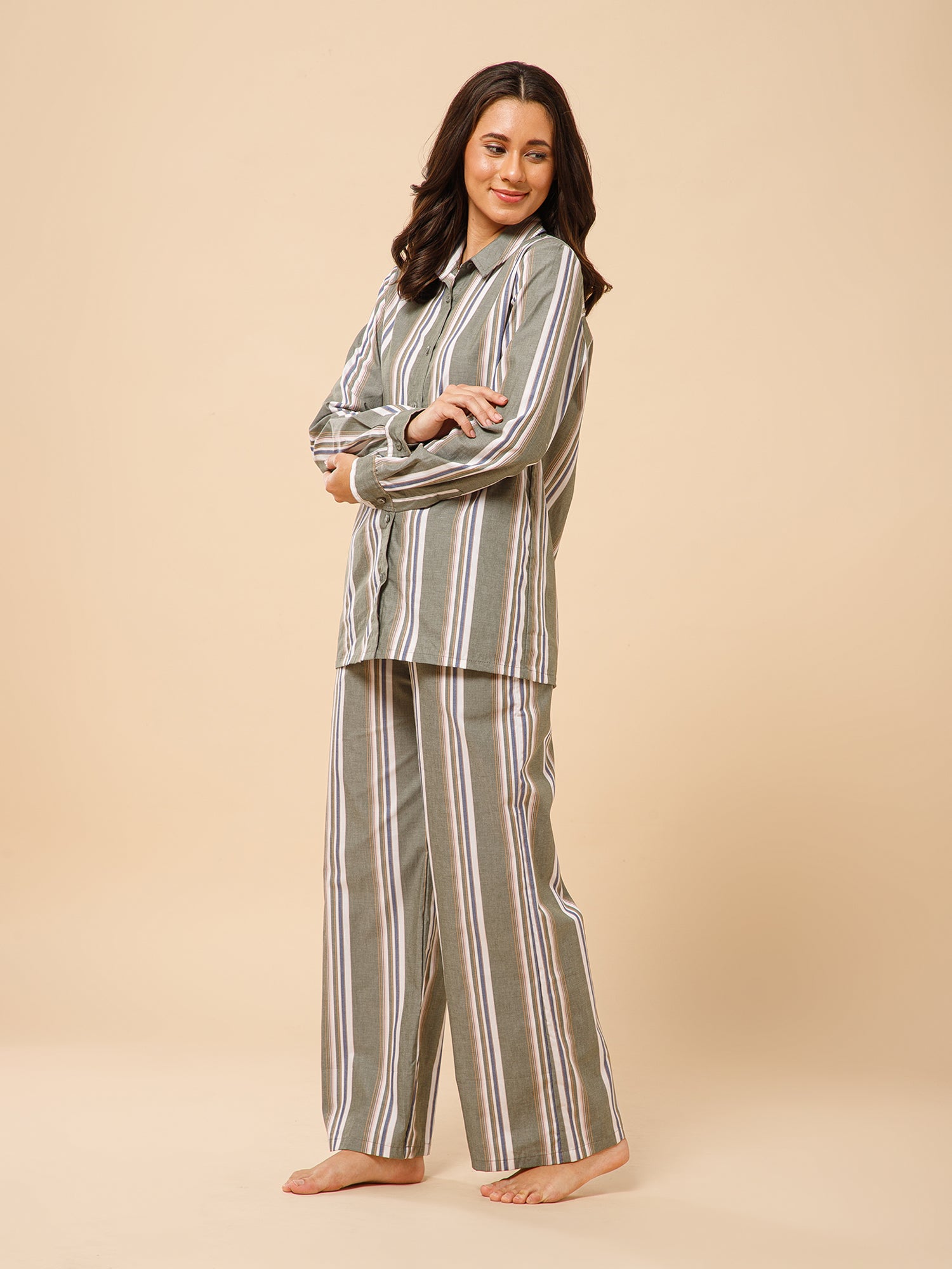 Drape in vogue Earthy Striped Shirt and Pants Lounge set