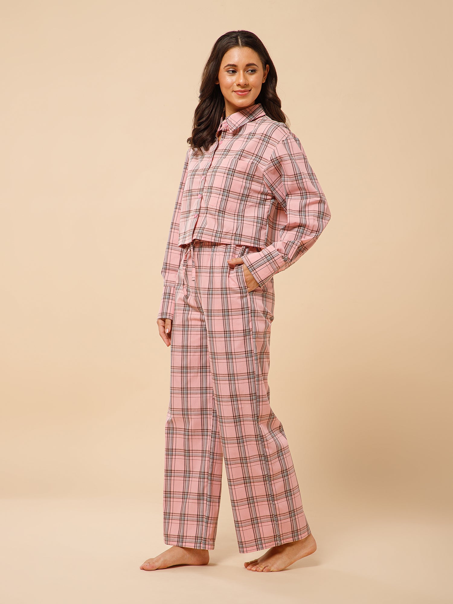 Drape in vogue Classic Checkered Crop Shirt Lounge set