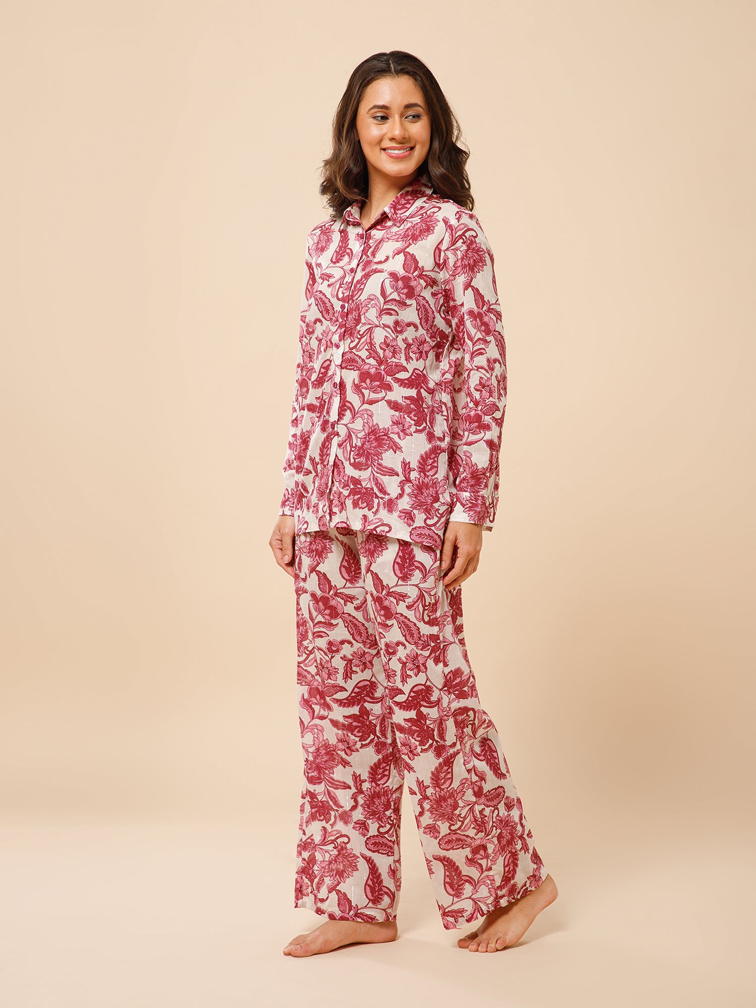 Drape in vogue Classic Floral Shirt And Lounge Pant set