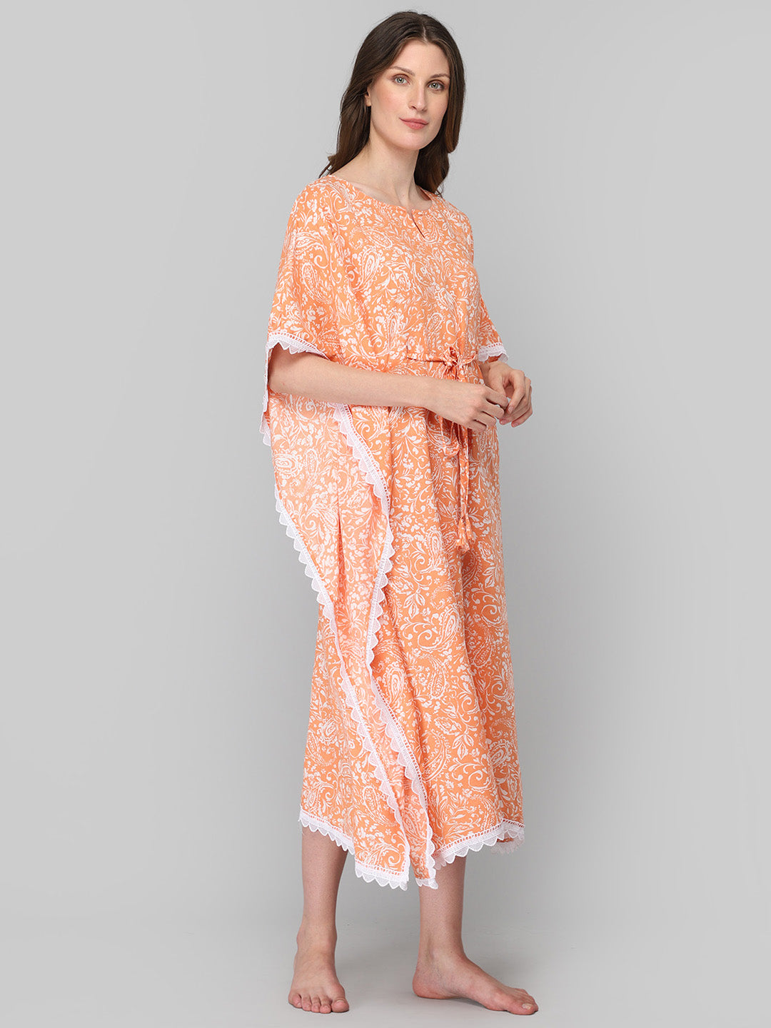 Women's Orange Floral Kaftan Night Suit