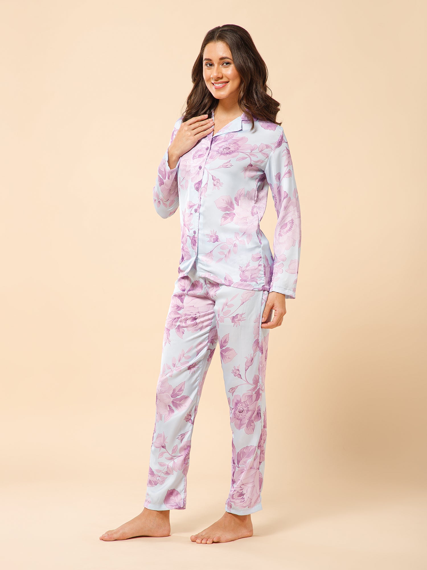 Drape in vogue Pastel Florals Satin Night suit