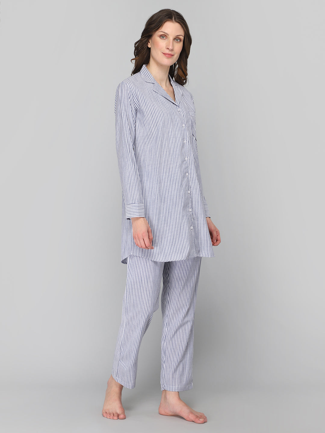 Women's Grey White Lining Night Suit