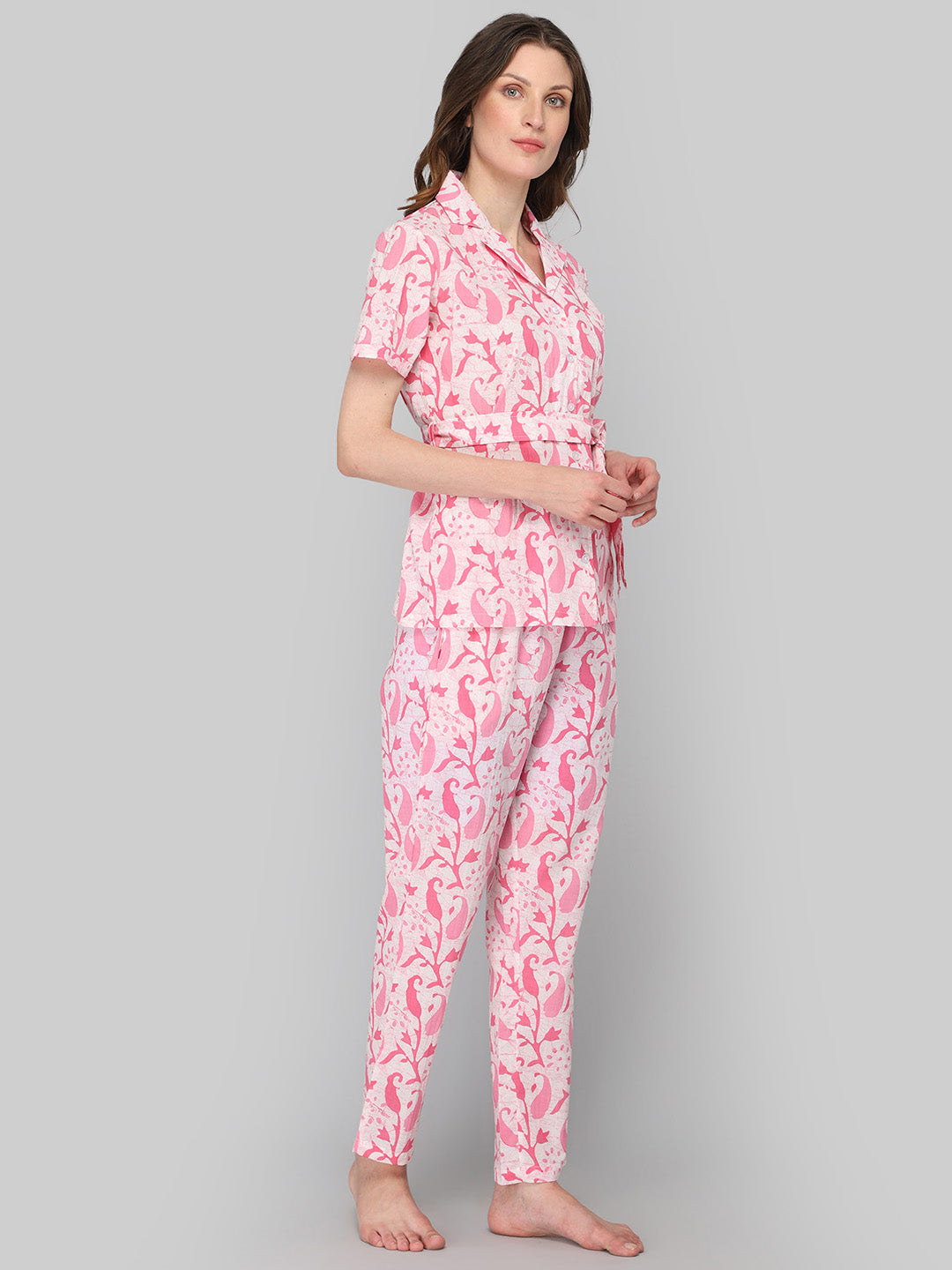 Women's Pink White Floral Print Night Suit