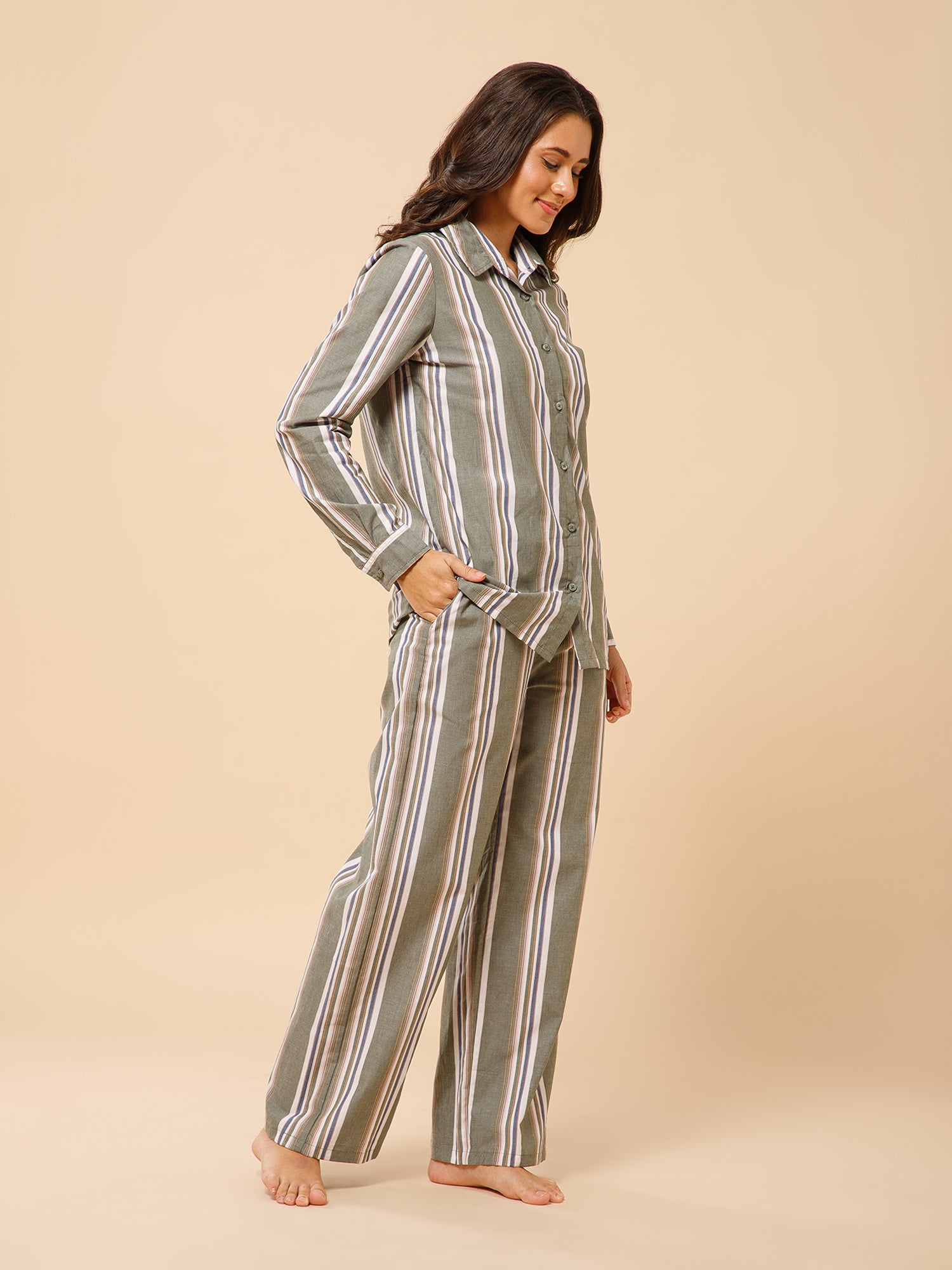 Drape in vogue Earthy Striped Shirt and Pants Lounge set