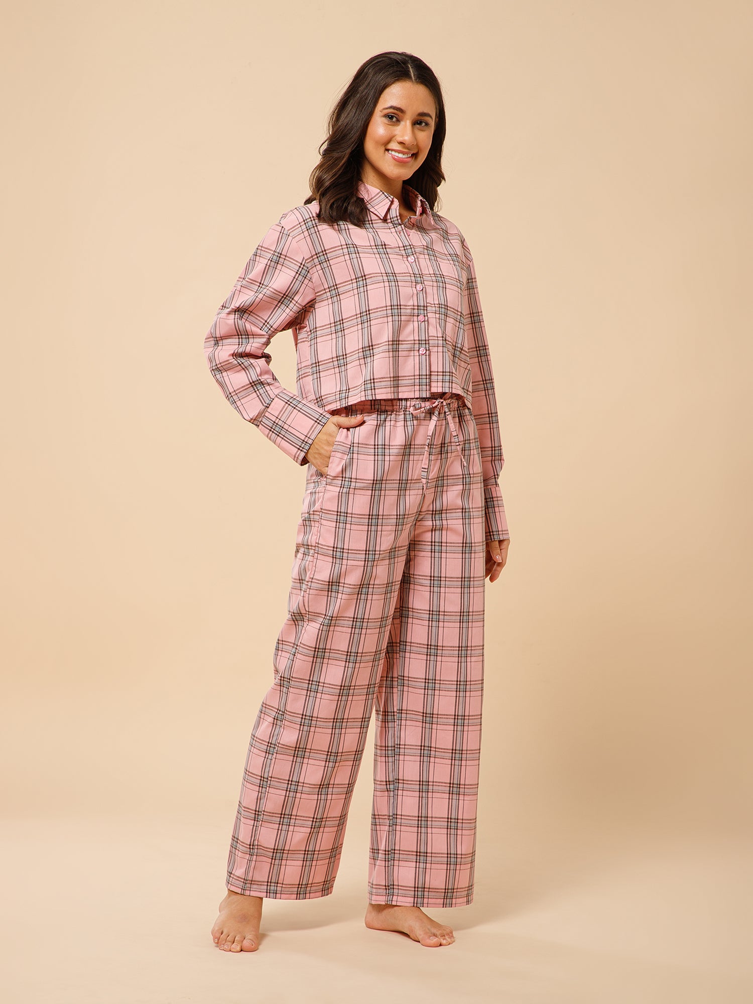 Drape in vogue Classic Checkered Crop Shirt Lounge set