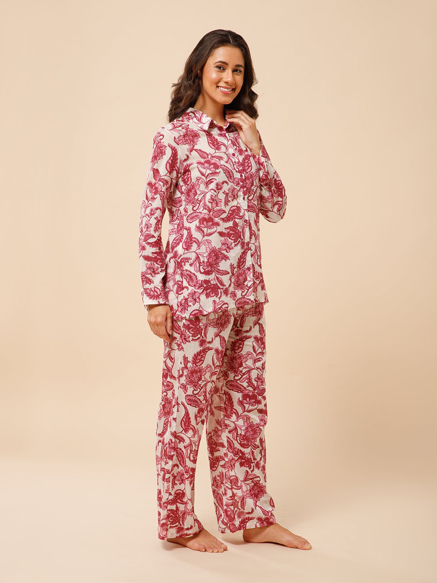 Drape in vogue Classic Floral Shirt And Lounge Pant set