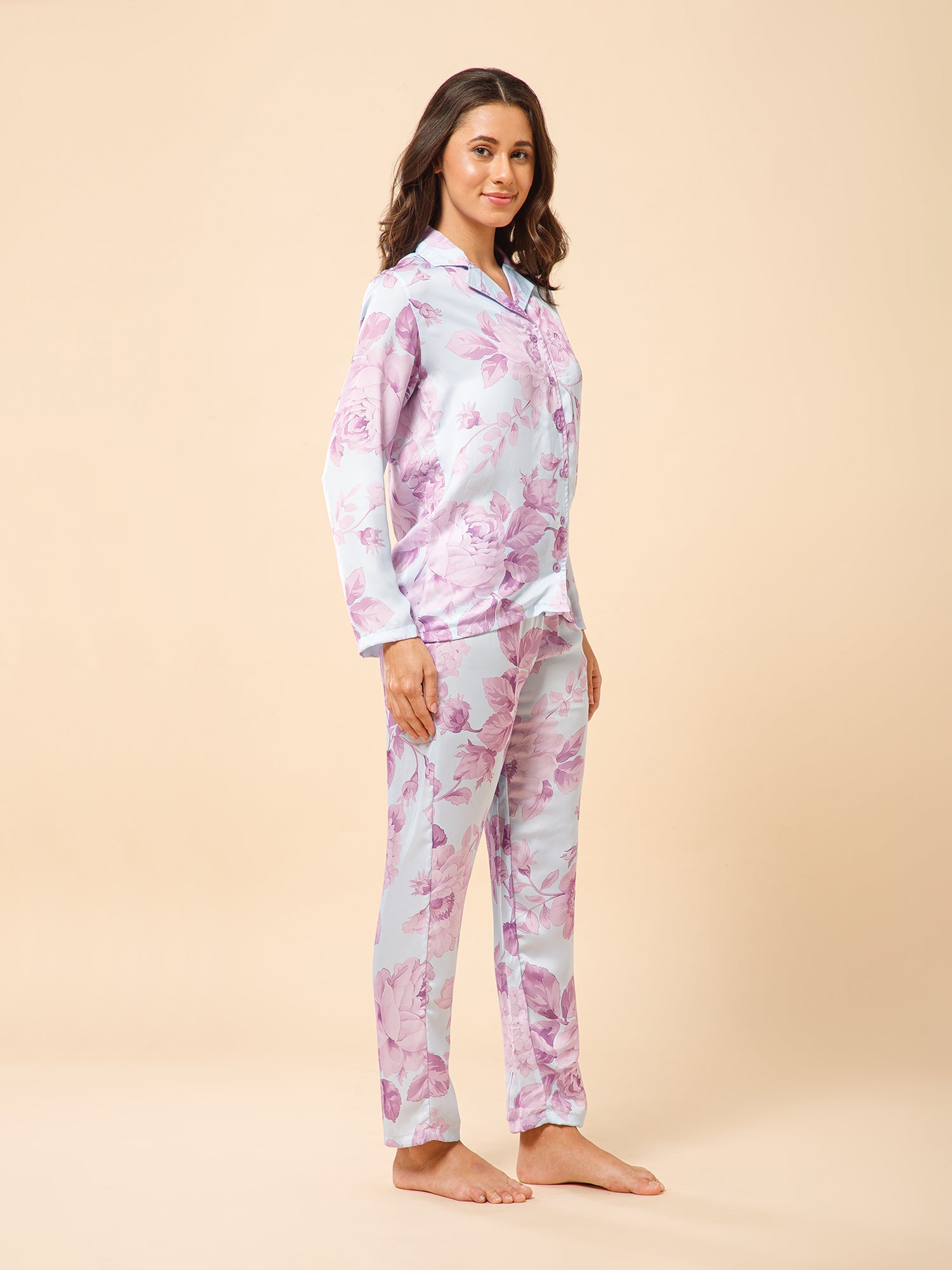 Drape in vogue Pastel Florals Satin Night suit