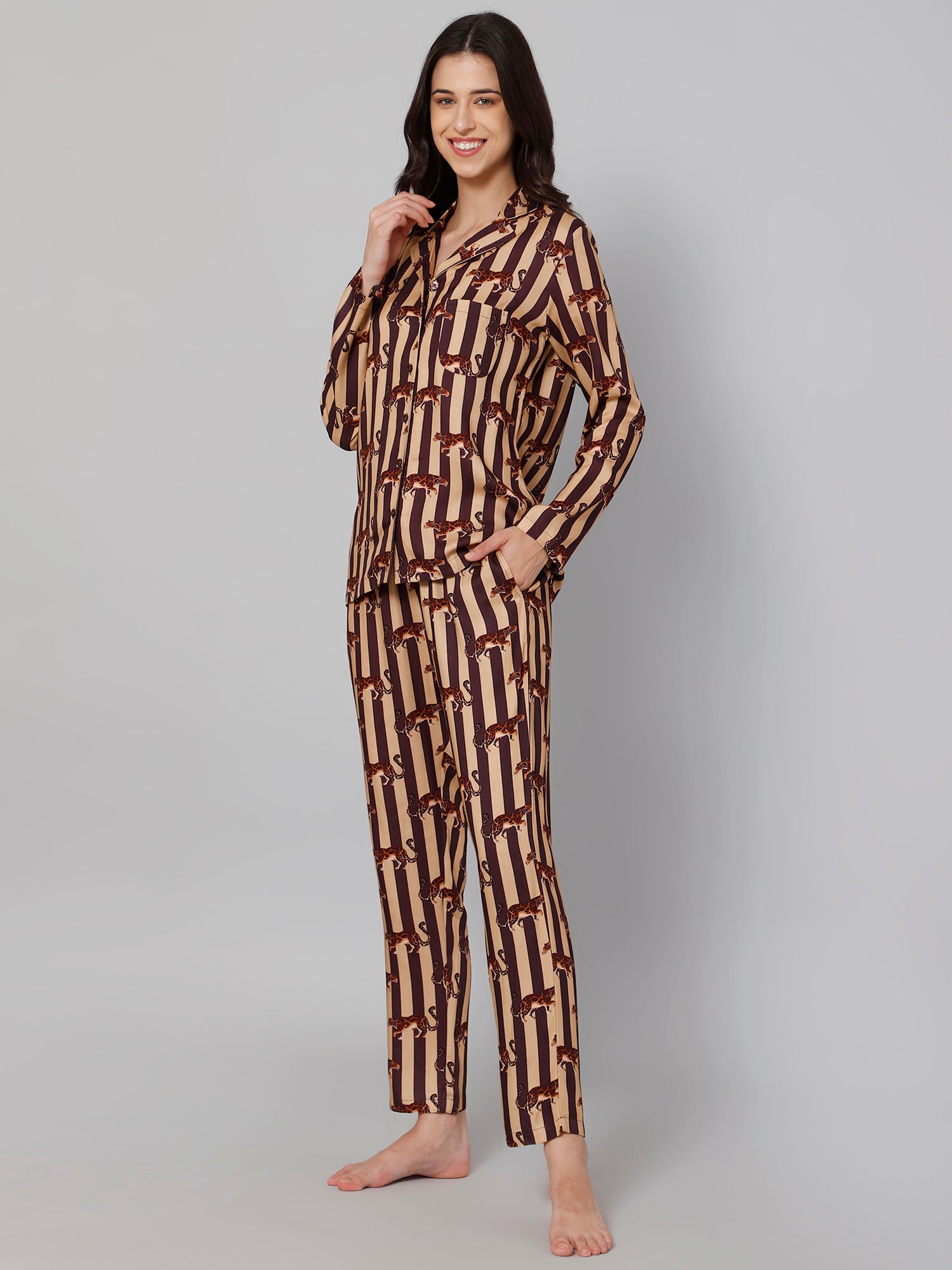 Drape In Vogue Women'S Brown Tiger Print Night Suit