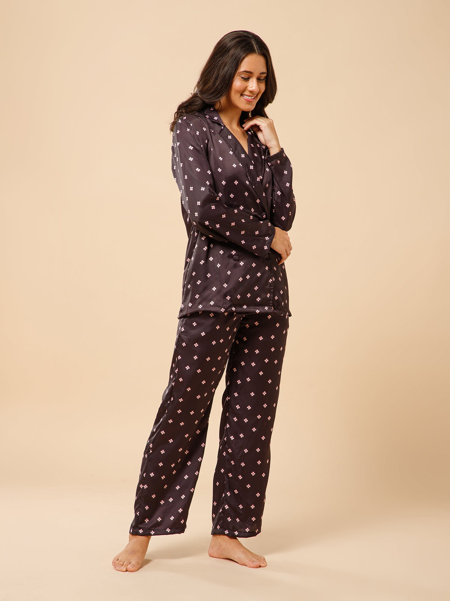 Drape in vogue Midnight Elegance Double Breasted Satin Lounge set