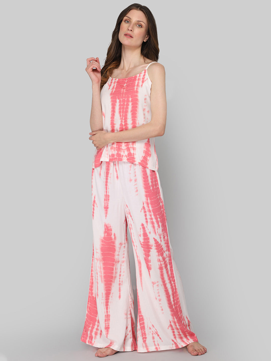 Women's White and Pink Tie Dye Print Night Suit