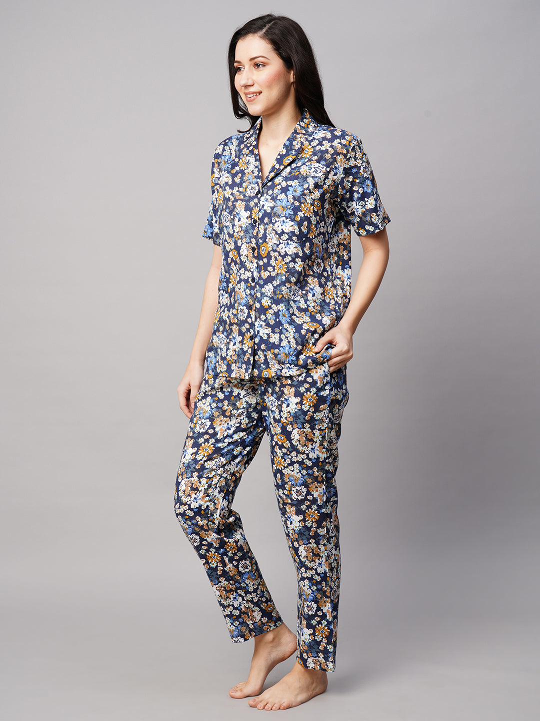 Drape In Vogue Womens Navy Blue With Mustard Flower Print Night Suit