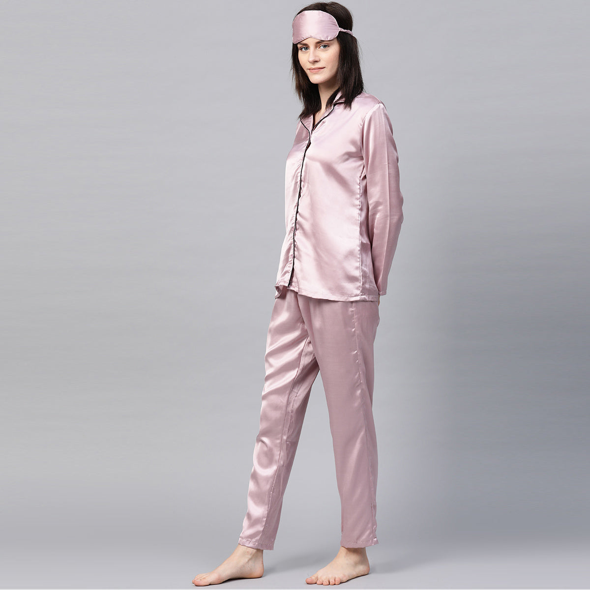 Women Purple Satin Solid Night Suit