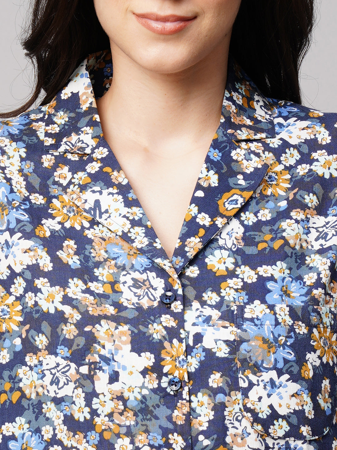 Drape In Vogue Womens Navy Blue With Mustard Flower Print Night Suit