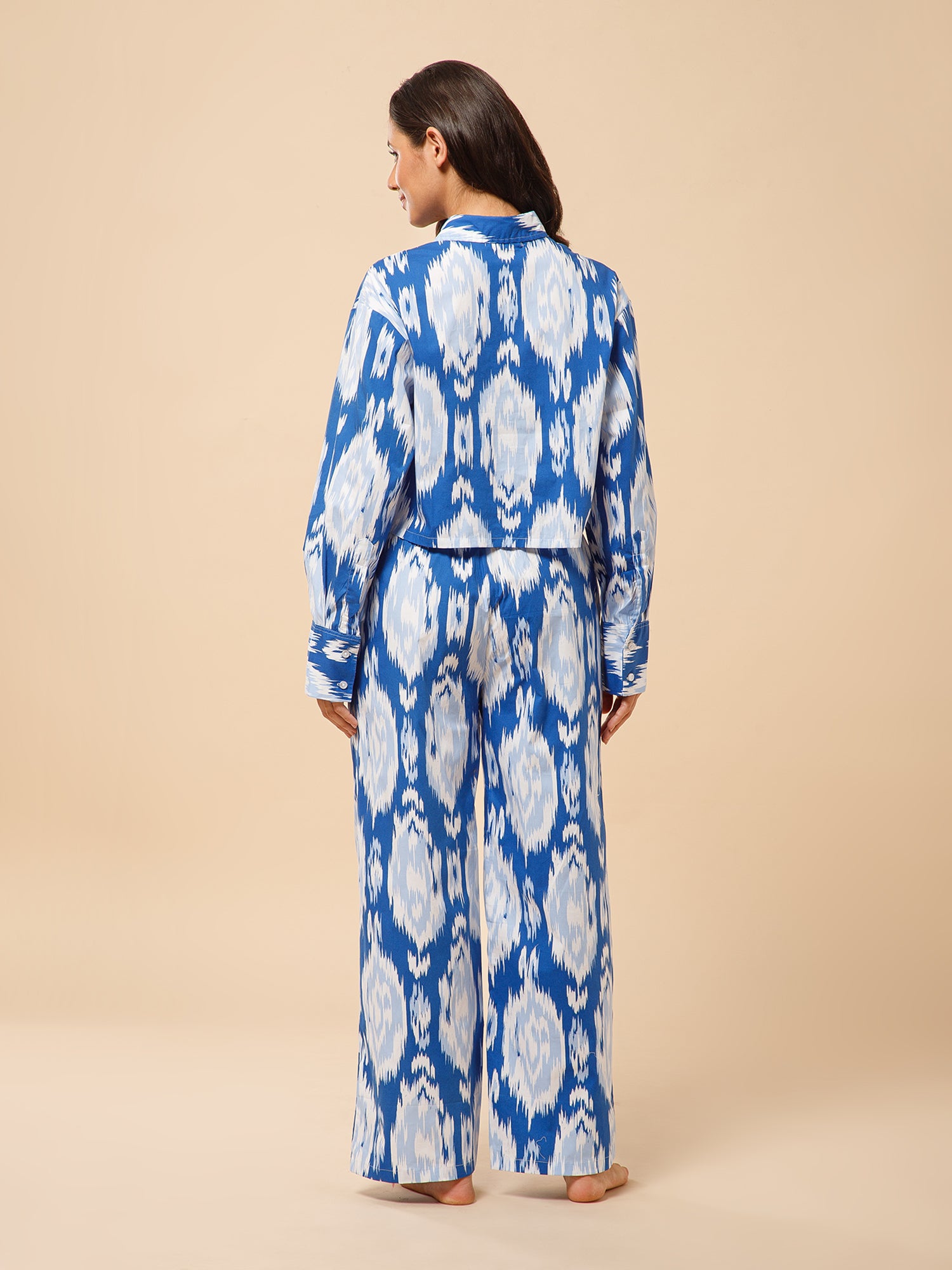 Drape in vogue Vibrant ikat Print Crop shirt and Pant Lounge set