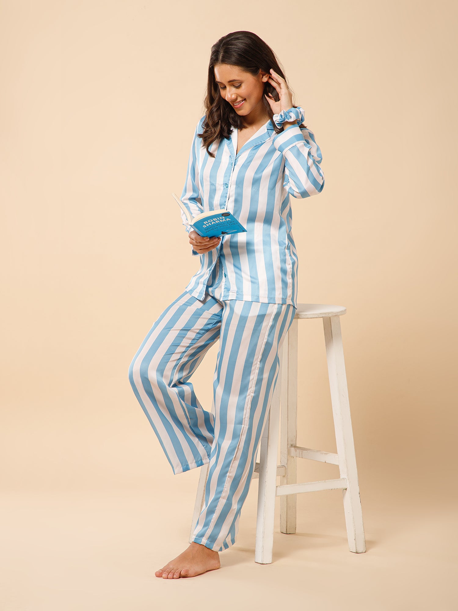 Drape in vogue Classic Striped Satin Night suit