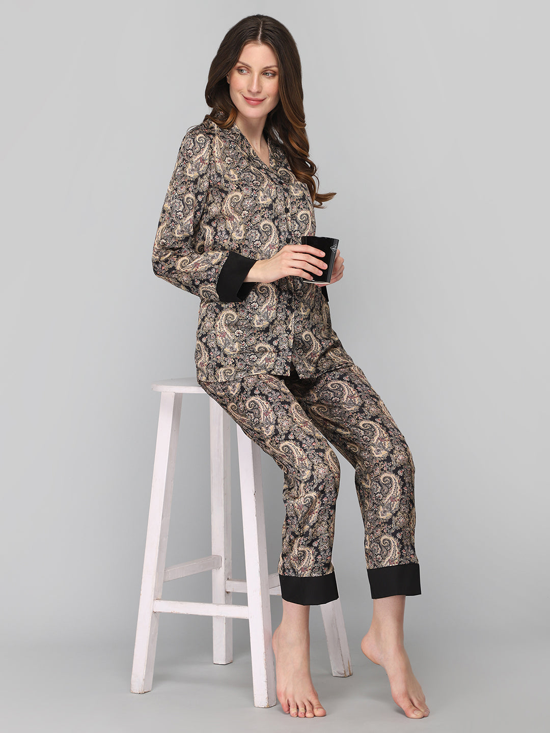 Women's Black Floral Print Satin Night Suit
