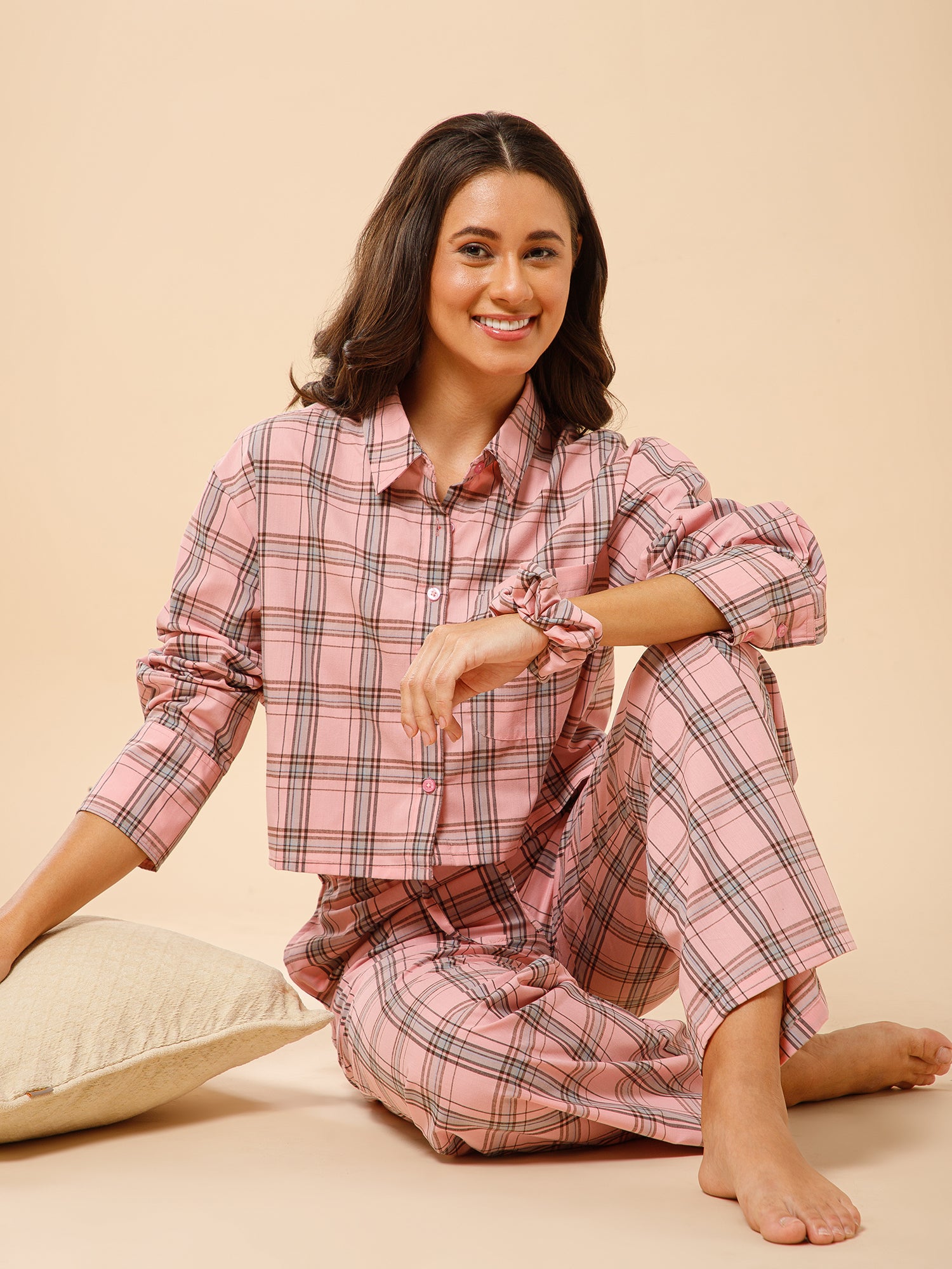 Drape in vogue Classic Checkered Crop Shirt Lounge set