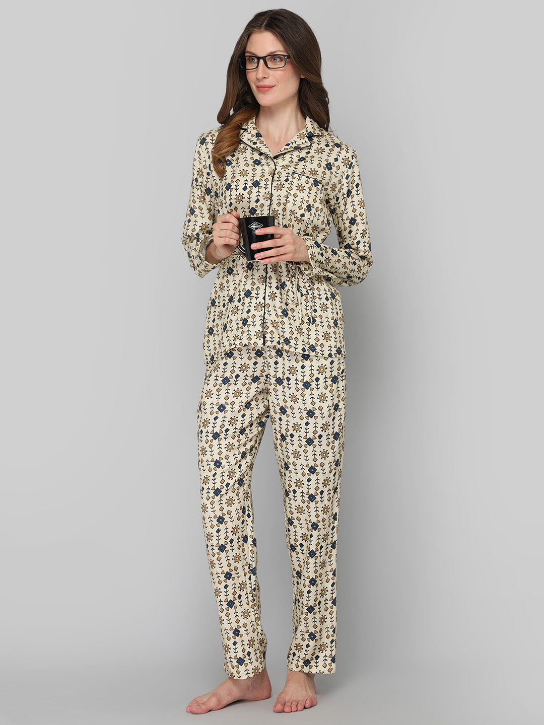 Women's Cream Floral Print Night Suit